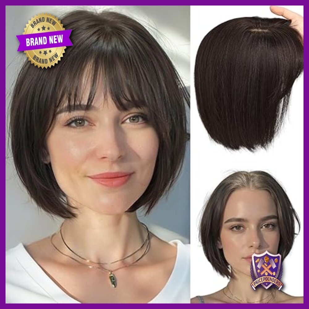 Real Human Hair Topper 6.5x6.5 Base Short Bob with Bangs Side Part